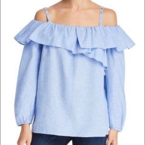 Escada  Linen Off Shoulder Ruffle Long Sleeve Top
